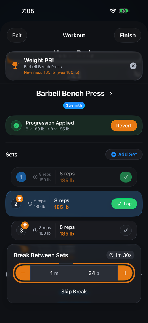 RepXP App - Active workout with auto progression
