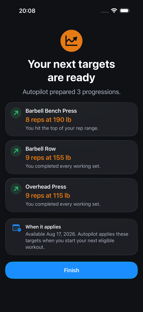 RepXP App - Next targets prepared by autopilot progression